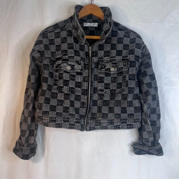 Bird Bee Cropped Checkered Denim Jacket Streetwear Grunge Punk Size Medium - Picture 9 of 9